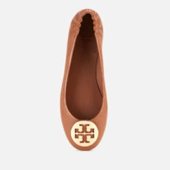 Tory Burch Women's Minnie Metal Logo Leather Ballet Flats - Royal Tan/Gold -Cheap Stepwise Footwear Store 12851630 4674864280927376
