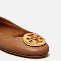 Tory Burch Women's Minnie Travel Leather Ballet Flats - Royal Tan/Gold -Cheap Stepwise Footwear Store 13554780 1784938133762995