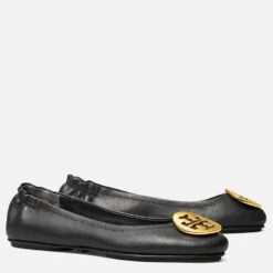 Tory Burch Women's Minnie Travel Leather Ballet Flats - Black/Gold -Cheap Stepwise Footwear Store 13554787 5544938133697079