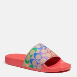 Coach Women's Udele Rainbow Coated Canvas Slide Sandals - Tan Multi/Pop Red/Miami Red -Cheap Stepwise Footwear Store 13735671 1534960709543928